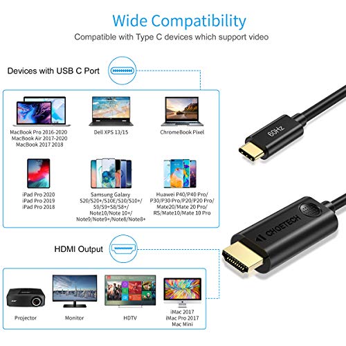 CHOETECH Cable USB C a HDMI, [4K@60Hz] Cable HDMI a USB Tipo C 3.1 para MacBook Pro/Macbook Air 2020/2019/2018, iMac 2017,iPad Pro, Galaxy S20/S10/S9/S8/Note10, Huawei P40/P30/Mate 30 Pro/Mate 20