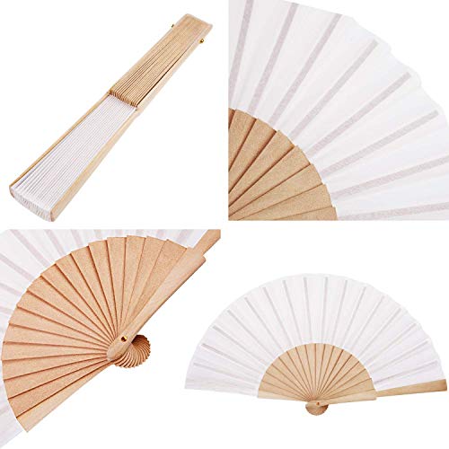 Chuangdi 4 Piezas Abanico Plegable de Madera y Tela Abanico de Mano Artesanal Decorativo Abanico de Regalo con Bolsas de Organza con Cordón para Hombres Mujeres Niñas (Blanco)