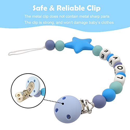 Chupetero Mordedor Personalizado con Nombre Niño Bebe Chupetero Cadena Pinza Silicona Soothie Clip Chupete Chicas (Azul)