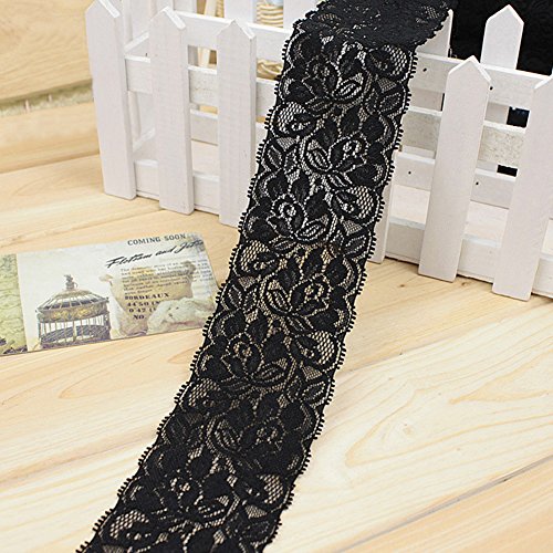 Cinta de encaje de 5,7 cm, borde de encaje floral, encaje elástico para manualidades, decoración, fabricación de fibras de pelo y regalo (39,37 pulgadas) Tamaño libre negro