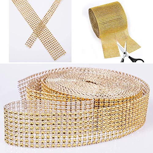 Cinta de malla de diamantes de imitación acrílico para tartas de boda, decoración de cumpleaños, baby shower, suministros de fiesta, artes y manualidades,10 yardas, 8 filas, 2 rollos (oro y plata)