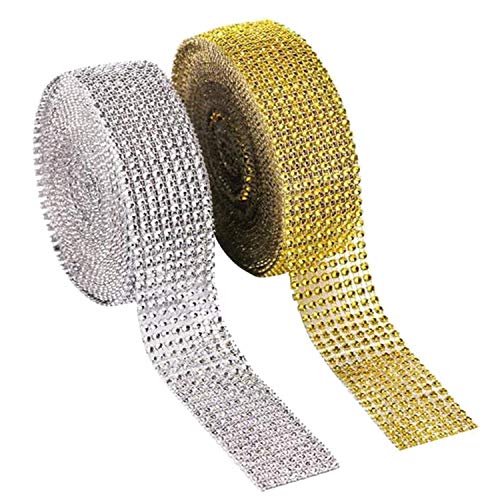 Cinta de malla de diamantes de imitación acrílico para tartas de boda, decoración de cumpleaños, baby shower, suministros de fiesta, artes y manualidades,10 yardas, 8 filas, 2 rollos (oro y plata)