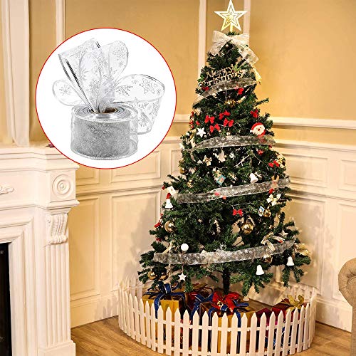 Cinta de organza de 6,3 cm de ancho con lazo para árbol de Navidad, copo de nieve, con alambre con carrete para envolver regalos, decoración de árbol de Navidad, decoración de fiesta (plata) (10 m)