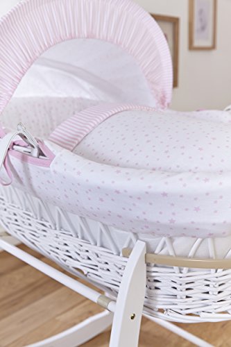 Clair de Lune – moisés con cesta de mimbre, estrellas y rayas, color blanco, con ropa de cama, colchón y capucha ajustable (rosa)