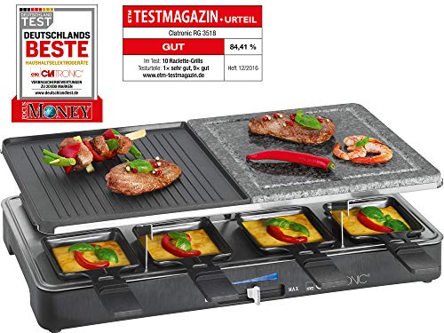 Clatronic RG 3518 Raclette Grill con piedra natural y placa reversible, 8 personas, 1400W, 1400 W, Acero Inoxidable, Negro