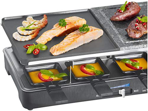 Clatronic RG 3518 Raclette Grill con piedra natural y placa reversible, 8 personas, 1400W, 1400 W, Acero Inoxidable, Negro