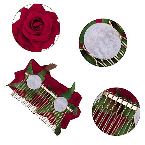 Clips de Pelo de Flor Horquillas con Rosas Accesorios de Mujeres para Boda Fiesta Bailaora de Flamenco, Pinzas de Pelo Tocado de Novia Pin de Flores Broche 2 Piezas (Rojo)