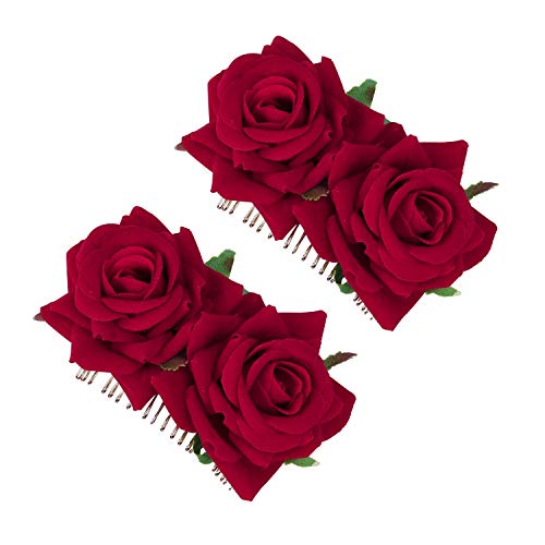 Clips de Pelo de Flor Horquillas con Rosas Accesorios de Mujeres para Boda Fiesta Bailaora de Flamenco, Pinzas de Pelo Tocado de Novia Pin de Flores Broche 2 Piezas (Rojo)