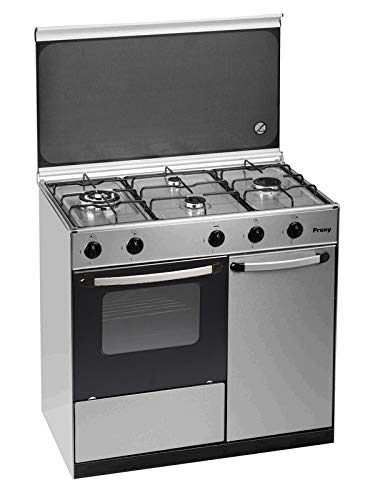 Cocina portabombona 90 cm de ancho con horno PROXY, color inox, 4 fuegos (incluye 1 Triple Fuego) y horno con grill a gas (butano o natural).