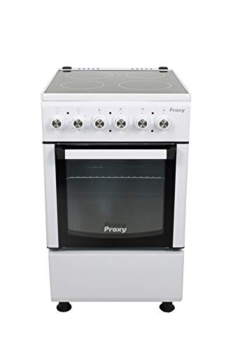 Cocina vitrocerámica 50 cm de ancho con horno eléctrico PROXY, color blanco, 4 zonas vitro y horno eléctrico 4 funciones.