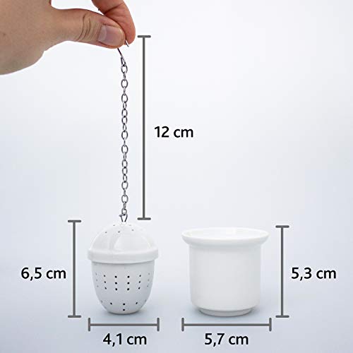 Colador de té de cerámica | Huevo de té de porcelana con cadena de acero inoxidable - Para té suelto en tazas o tazas, incluida la bandeja de goteo, Ø 4 cm | Tea2Be