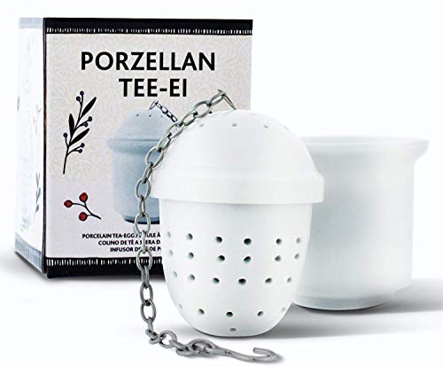 Colador de té de cerámica | Huevo de té de porcelana con cadena de acero inoxidable - Para té suelto en tazas o tazas, incluida la bandeja de goteo, Ø 4 cm | Tea2Be