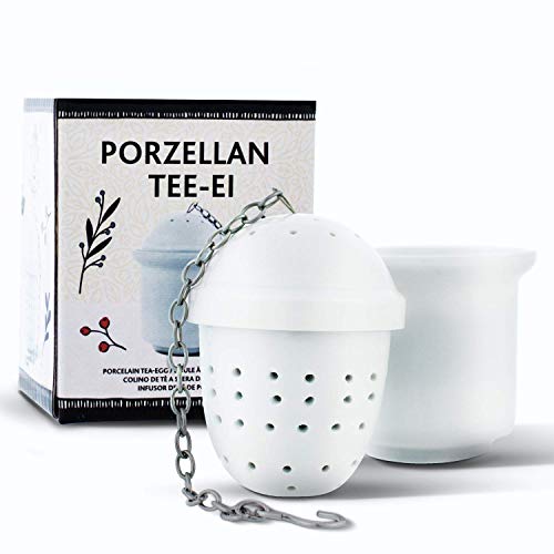 Colador de té de cerámica | Huevo de té de porcelana con cadena de acero inoxidable - Para té suelto en tazas o tazas, incluida la bandeja de goteo, Ø 4 cm | Tea2Be