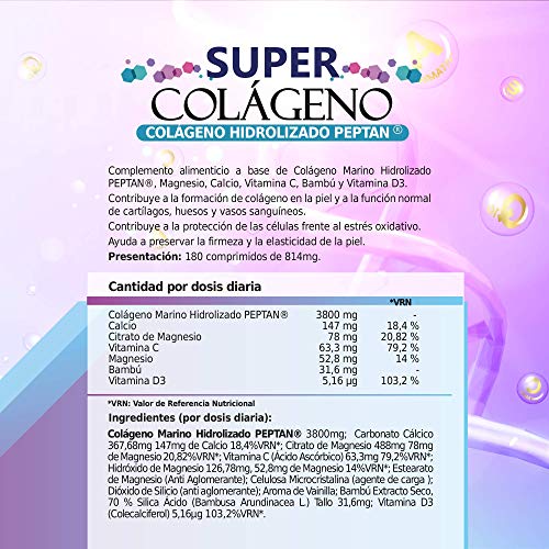 Colágeno marino hidrolizado Peptan con magnesio + bambú + calcio + vitaminas C y D3 | Reafirmante e hidratante de la piel | Protege y cuida las articulaciones, huesos, cabello, y uñas | 180 unidades