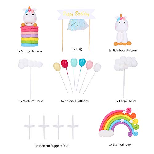 Colmanda Unicorn Cake Topper, Cake Decoración Unicorn Cupcake Topper con Cloud Rainbow Star Moon Globos de Colores para Tarta con diseño de Unicornio Chicas Niños Cumpleaños