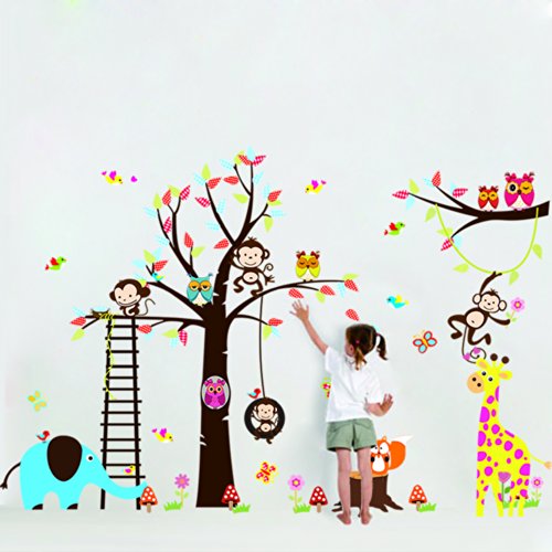 ColourfulWorld - Adhesivo de pared XXXL, diseño de zoo-jungla, color rosa, con mono, jirafa, elefante y búho, ideal para dormitorio infantil o regalo