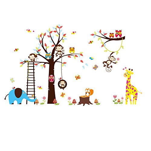 ColourfulWorld - Adhesivo de pared XXXL, diseño de zoo-jungla, color rosa, con mono, jirafa, elefante y búho, ideal para dormitorio infantil o regalo