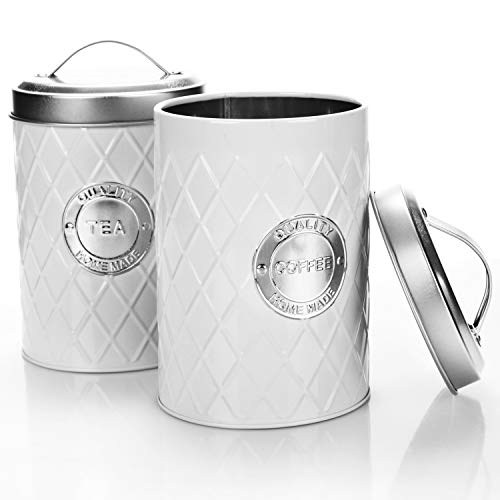 com-four® 2X Lata de café Coffee + Tea con Tapa - contenedor de café - Frasco de Almacenamiento - contenedor de Almacenamiento para café y té (Coffee + Tea - Blanco)