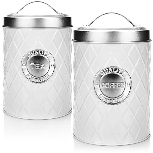 com-four® 2X Lata de café Coffee + Tea con Tapa - contenedor de café - Frasco de Almacenamiento - contenedor de Almacenamiento para café y té (Coffee + Tea - Blanco)