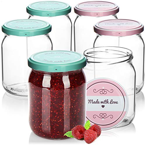 COM-FOUR® 6x tarros de albañil con tapón de rosca"Made with love" en verde y rosa - hasta Ø 82 mm - hasta 540 ml