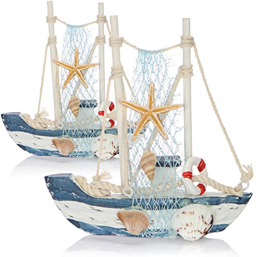 com-four® Barco de decoración marítima de Madera - Barco de Pesca con Red y Conchas de Pesca - Barco de Madera para decoración (02 Piezas - Barco de Pesca 13cm)