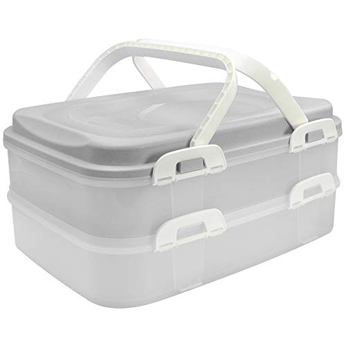 COM-FOUR® Recipiente para fiestas con 2 niveles e inserto de elevación - Caja de transporte para pasteles para alimentos - Recipiente para pasteles con asa (001 piezas - pastel gris claro)