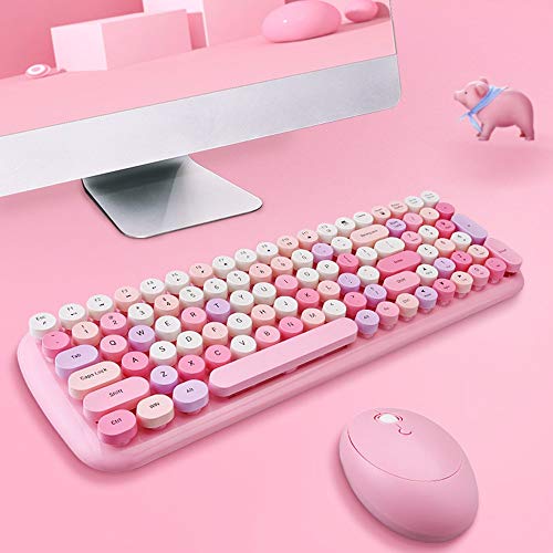 Combo De Teclado Y Mouse Usb Inalámbrico, Combinación De Mini Teclado Y Mouse De 2.4G, Tapas De Teclas Redondas Retro, Rosa Pastel