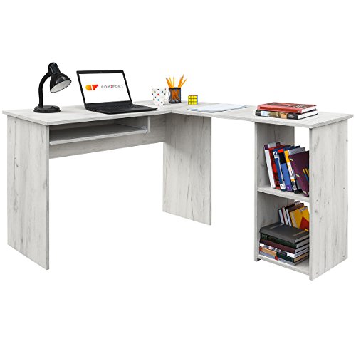 COMIFORT Escritorio Forma L - Mesa de Estudio con Estantería de Estructura Firme, Moderna y Minimalista con 2 Baldas Espaciosas y de Gran Capacidad, Color Kraft