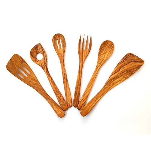 Conjunto de Utensilios Cocina Fabricados artesanalmente con Madera de Olivo, 6 Piezas