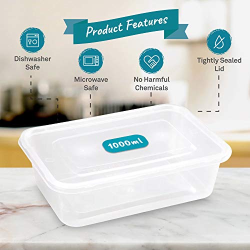 Contenedores de plástico con tapas a prueba de fugas para la preparación de alimentos, comidas y cenas en el microondas, aptos para el refrigerador y el congelador - 1000 ml (Paquete de 20)