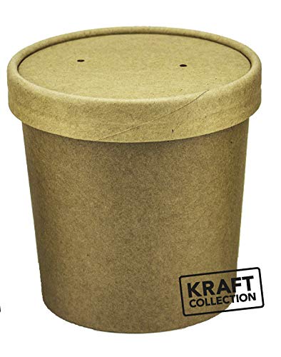 Contenedores de sopa desechables Kraft marrón con tapas - 25 paquetes de cuencos de sopa de papel - tinas para llevar de 16 oz perfectas para recipientes de helado y deli