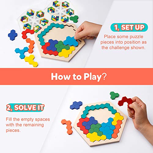 Coogam De Madera Hexágono Rompecabezas - Bloque de Forma Tangram Rompecabezas Juguete Geometría Lógica IQ Juego Stem Montessori Regalo Educativo para Todas Las Edades Desafío