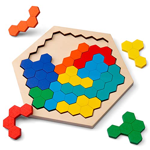 Coogam De Madera Hexágono Rompecabezas - Bloque de Forma Tangram Rompecabezas Juguete Geometría Lógica IQ Juego Stem Montessori Regalo Educativo para Todas Las Edades Desafío