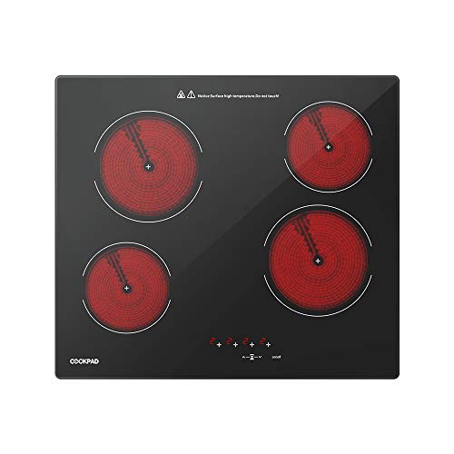 COOKPAD Vitrocerámica con 4 Zonas de cocción, Quemador eléctrico de Estufa de 60 cm, Cocina de Vidrio Negro [Clase energética A +]