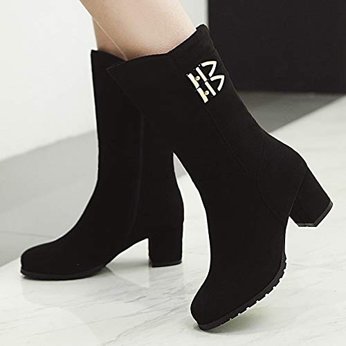 COOLCEPT Mujer Clásico Cremallera Botas Media Pierna Tacón Ancho Caliente Trabajo Invierno Zapatos Black-Danli Size 39 Asian