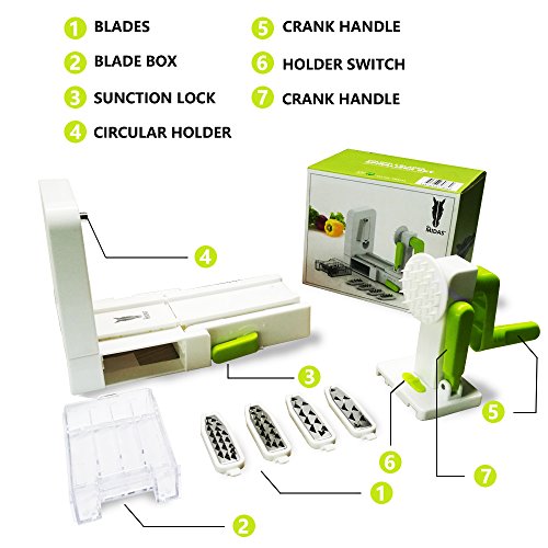 Cortador de verduras en espiral de 5 Cuchillas,Midas doblado espiralizador de verduras de fácil uso para cortar frutas y verduras en espiral,juliana,espaguetis,tallarines,cintas o fideos