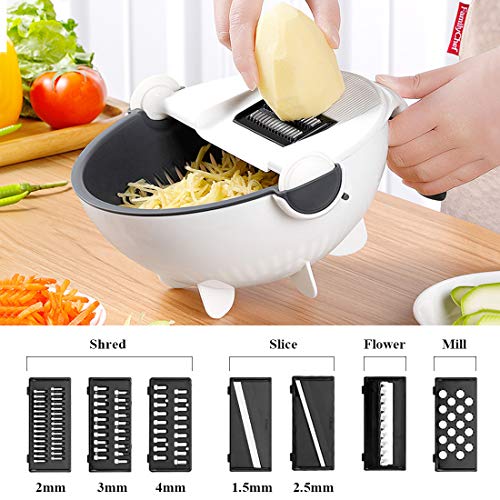 Cortador de Verduras y Rallador, 9 en 1 Mandolina Rebanadora Rallador de Verduras Set, Cesta de Drenaje Multifuncional Cortador de Ensalada con Juego de Peladore de Frutas Trituradoras para la Patatas