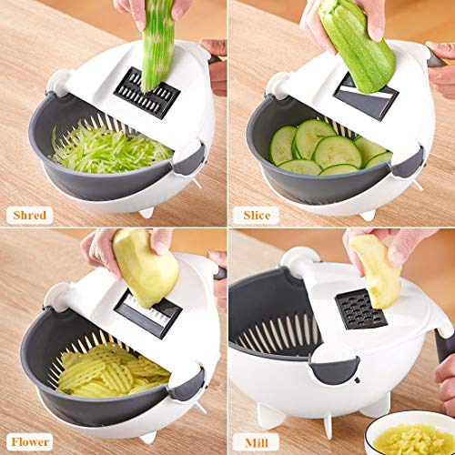 Cortador de Verduras y Rallador, 9 en 1 Mandolina Rebanadora Rallador de Verduras Set, Cesta de Drenaje Multifuncional Cortador de Ensalada con Juego de Peladore de Frutas Trituradoras para la Patatas