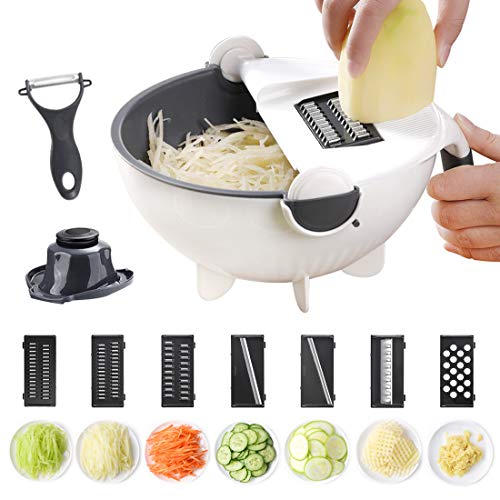 Cortador de Verduras y Rallador, 9 en 1 Mandolina Rebanadora Rallador de Verduras Set, Cesta de Drenaje Multifuncional Cortador de Ensalada con Juego de Peladore de Frutas Trituradoras para la Patatas