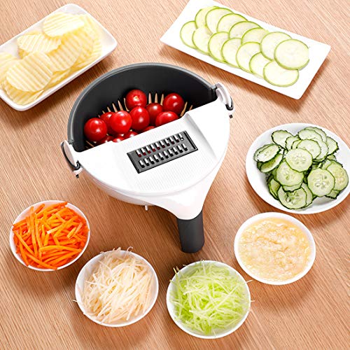 Cortador de Verduras y Rallador, 9 en 1 Mandolina Rebanadora Rallador de Verduras Set, Cesta de Drenaje Multifuncional Cortador de Ensalada con Juego de Peladore de Frutas Trituradoras para la Patatas