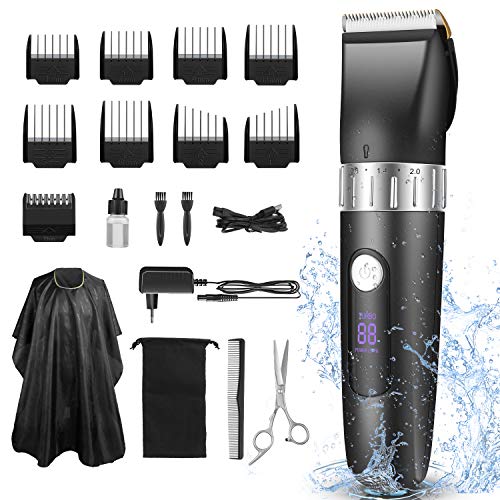 Cortapelos Hombre Eléctrico Impermeable Máquina de Cortar Pelo/Barba/Cara/Cuerpo Profesional Multifuncional con Capa de Barbero/Tijera de Peluquero/Pantalla LED/9*Peine Guía/Cable de Usb, etc