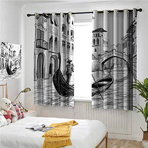 Cortinas blancas negras de 108 pulgadas de largo, decoración boho para dormitorio de 96 x 108 pulgadas, góndola en Venecia, europeo, famoso canal, historia mediterránea, imagen navideña, color negro