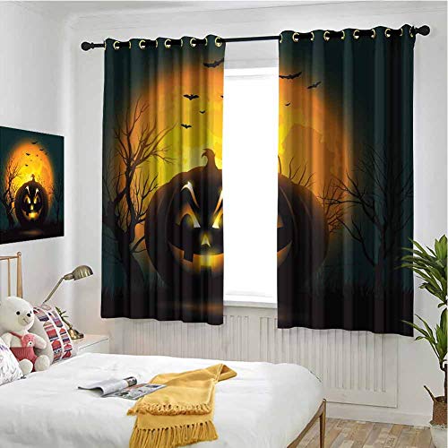 Cortinas con ojales para Halloween, 150 cm de largo, naranja, marrón oscuro, negro, negro, 72 x 163 cm, con diseño de calabaza y luna llena de murciélagos