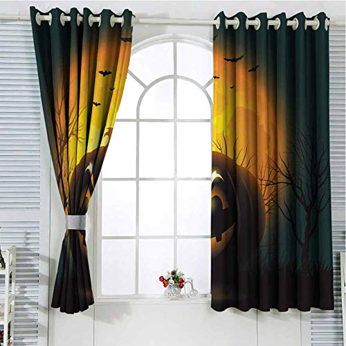 Cortinas con ojales para Halloween, 150 cm de largo, naranja, marrón oscuro, negro, negro, 72 x 163 cm, con diseño de calabaza y luna llena de murciélagos