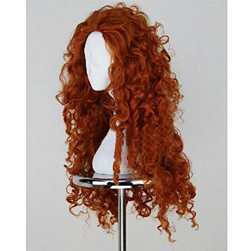 COSPLAZA Deep Orange Kinky Curly Cabello largo para niñas Valiente Heroína Aventura Animación Personaje de dibujos animados Juego de rol Peluca de cosplay