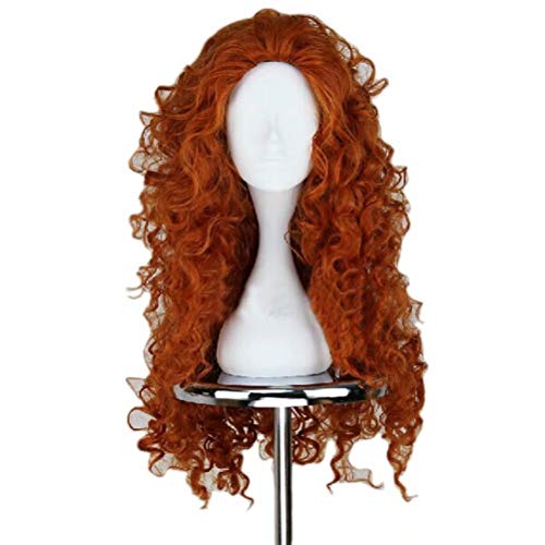 COSPLAZA Deep Orange Kinky Curly Cabello largo para niñas Valiente Heroína Aventura Animación Personaje de dibujos animados Juego de rol Peluca de cosplay