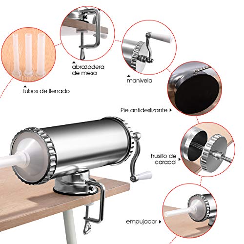 COSTWAY 3L Máquina para Hacer Salchichas Aleación de Aluminio Embutidos de Carne Incluye 3 Tubos de Llenado