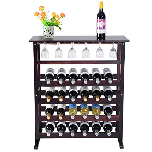 COSTWAY Estante de Vino Botellero para 24 Botellas Madera con Soporte para Copa de Vino Colgante