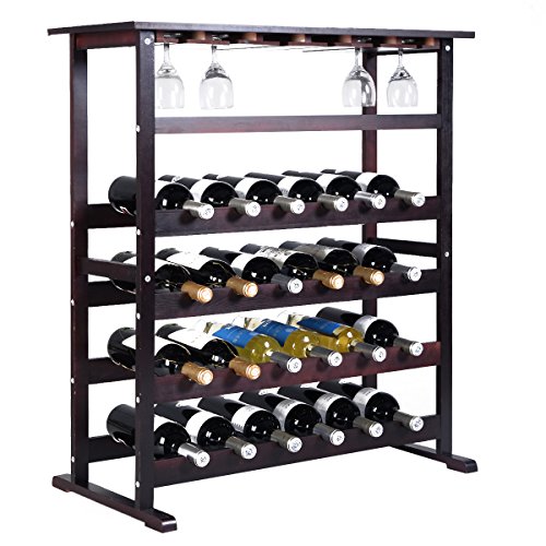 COSTWAY Estante de Vino Botellero para 24 Botellas Madera con Soporte para Copa de Vino Colgante