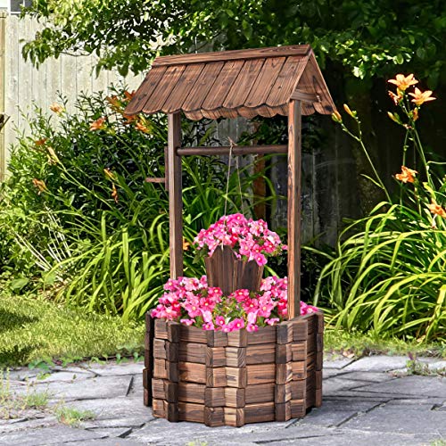 COSTWAY Pozo de Madera con Techo Cubo de Flores Maceta Decoración 56x56x114 centímetros Soporte para Plantas de Jardín Exterior